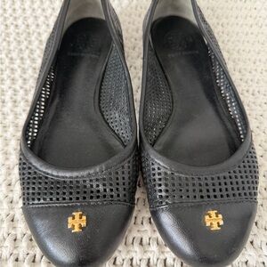 Tory Burch Black Perforated Flats with Gold Emblem